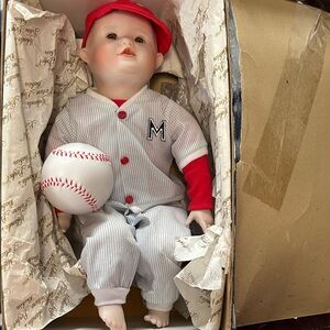 Vintage 1990s Edwin M Knowles Porcelain Baseball Doll with Red Cap and Ball